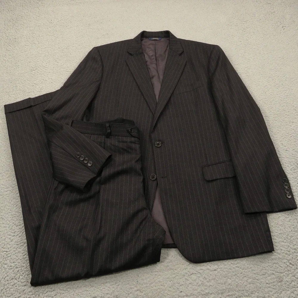 Brooks Brothers 44L Madison Estrato Charcoal Pinstripe Suit Pleated Pant 38x32